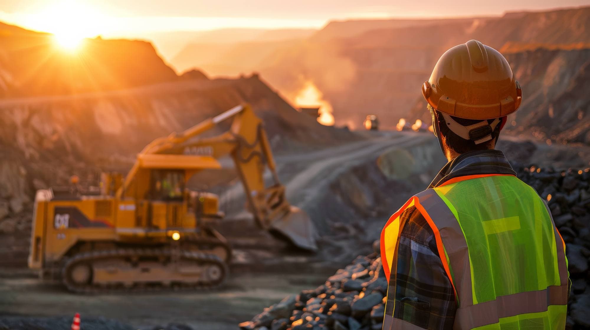 Site engineer overseeing an excavator at sunrise