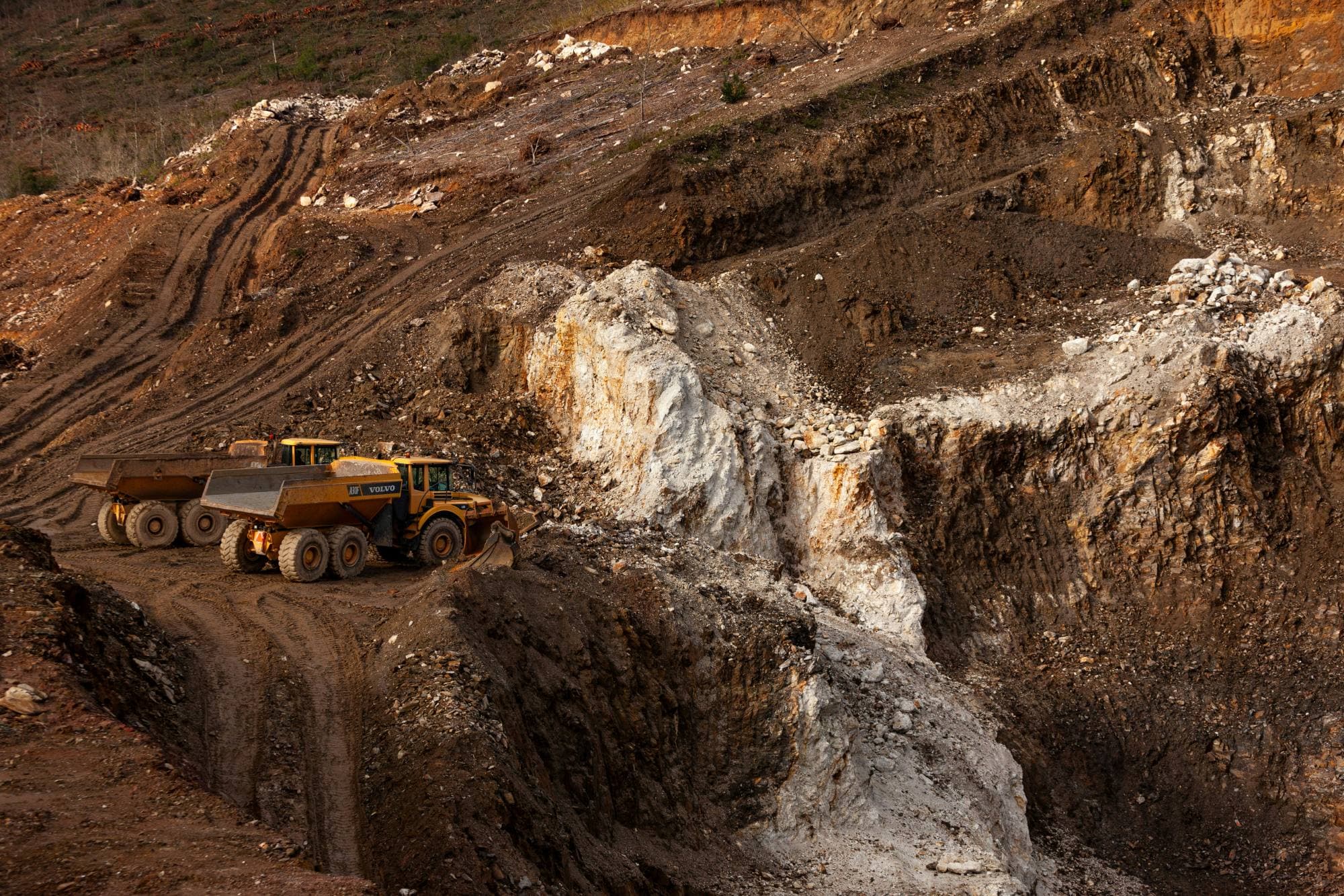 Articulated haul trucks on a quarry bench